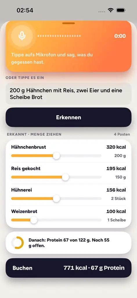 FitCoach recognizing a spoken meal (German interface)