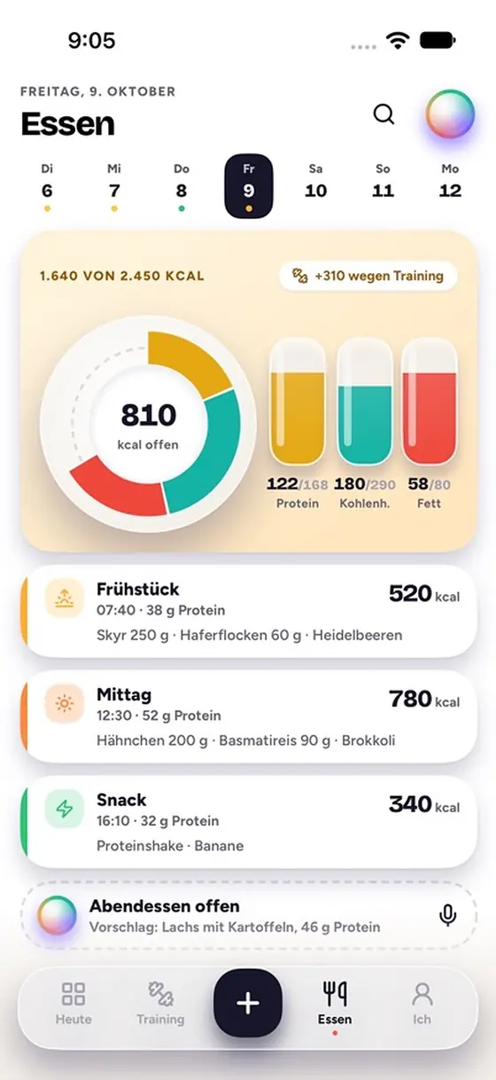 Tagesübersicht Essen: 810 kcal offen, Ziel plus 150 kcal wegen Training