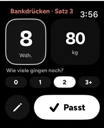 FitCoach auf der Apple Watch: Bankdrücken, Satz 3, 8 Wiederholungen mit 80 kg